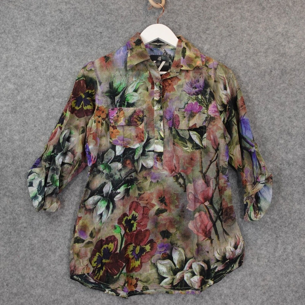 Watercolor Roll Sleeve Popover Blouse Small Green Floral Garden Artsy ARUNA ARYA